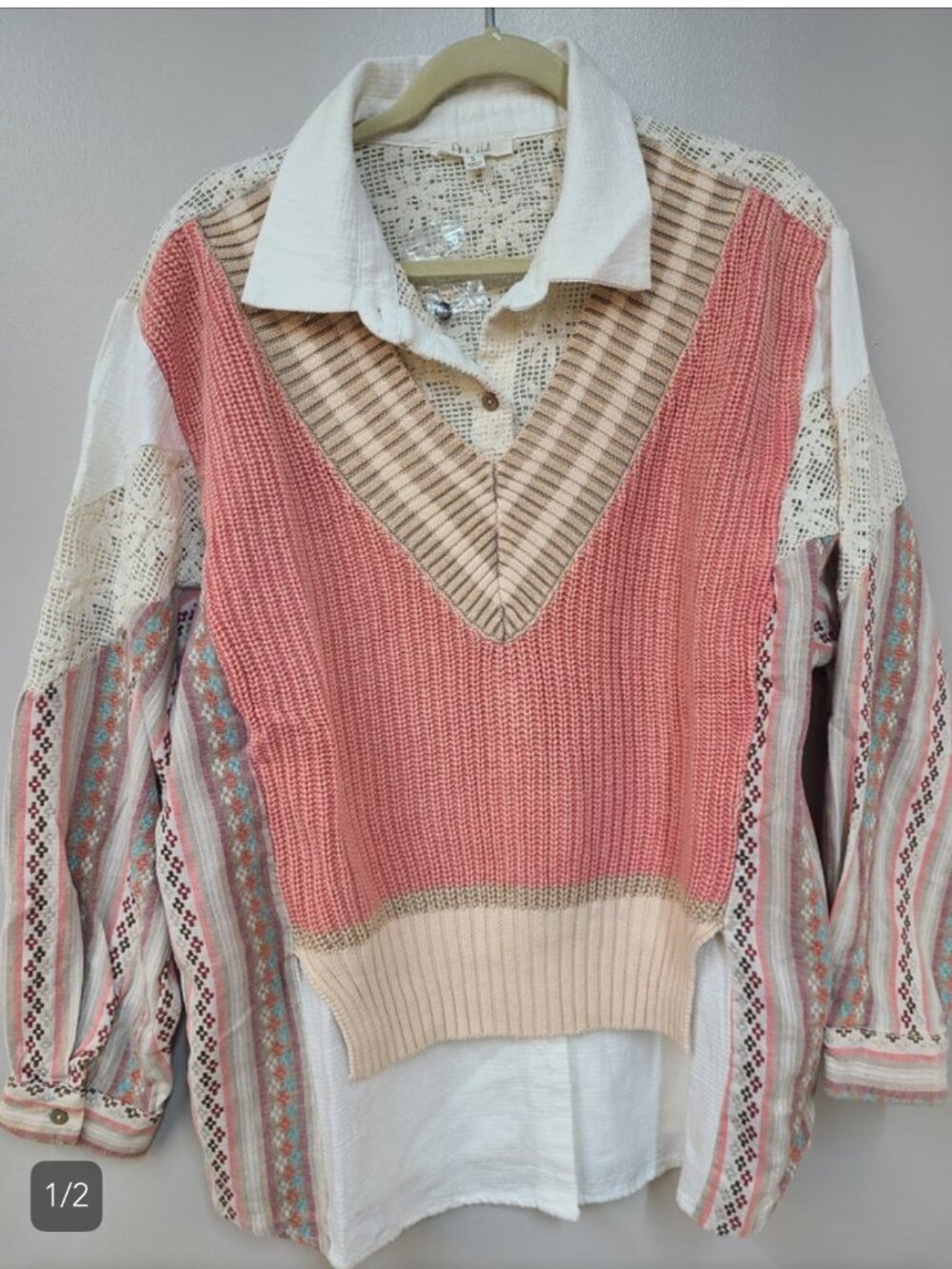 Oli & Hali - V-Neck Knit Vest Twofer - Orange, Cream - XL - NWT